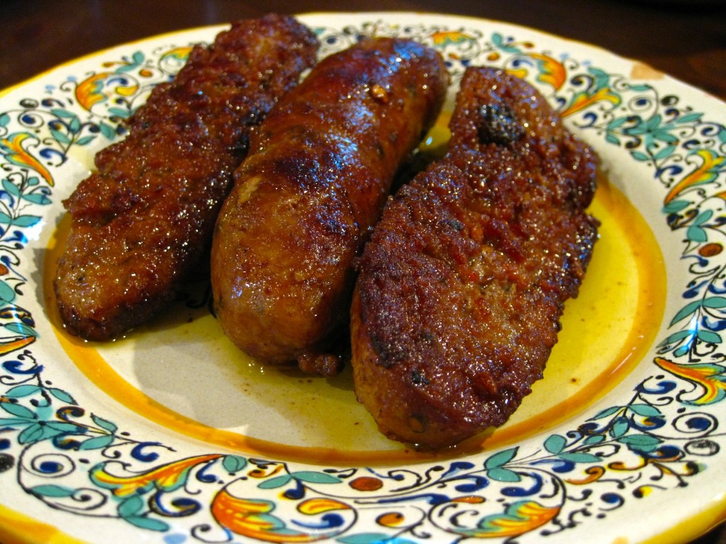 handmade sausages and slow cooked under wood in the fire place